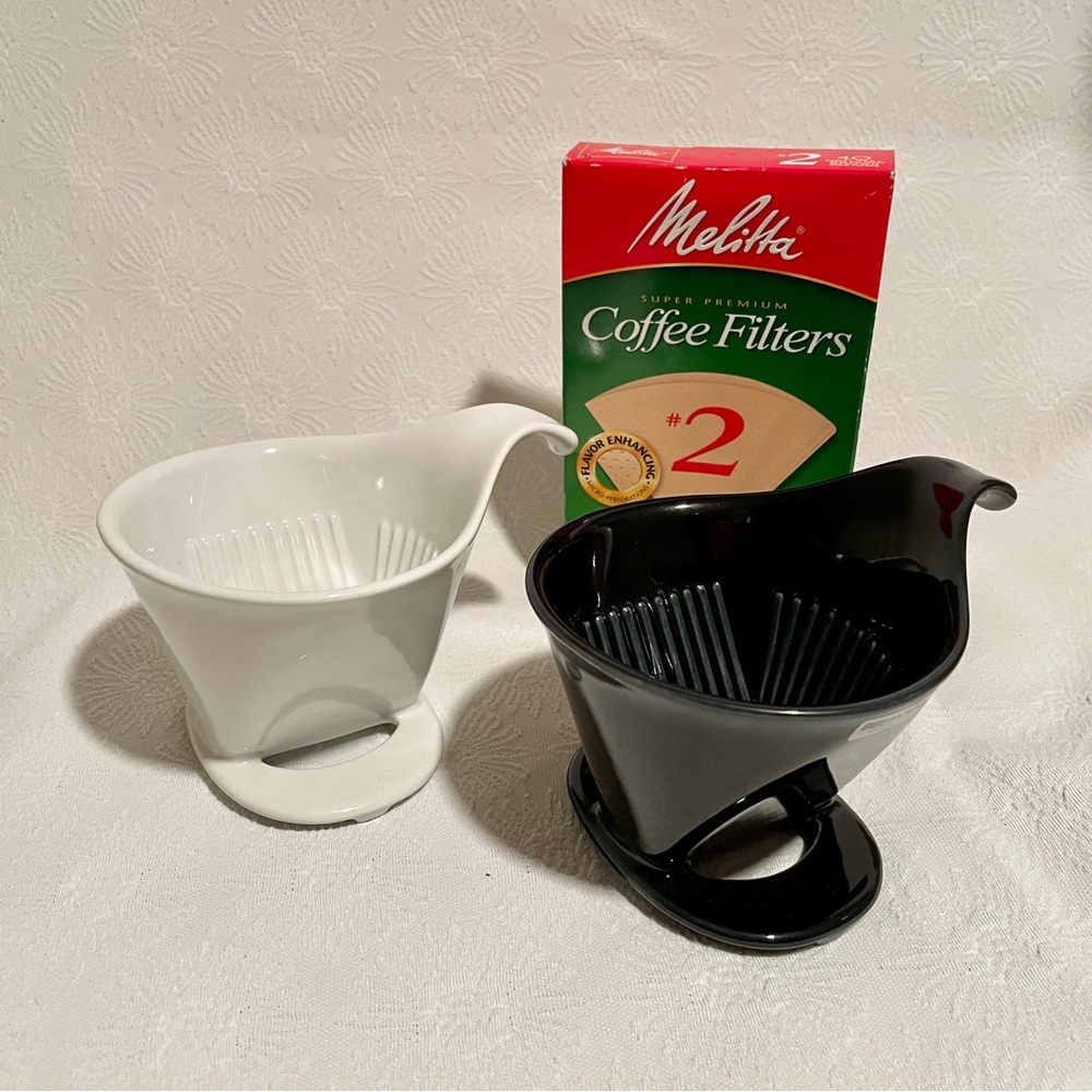 Two ceramic pour over coffee makers & paper filter set